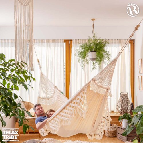 Bossanova Latte: [2-3p] XXL Brazilian Eco-Hammock w/ Fringes [100%Organic Cotton] Handmade - Image 3