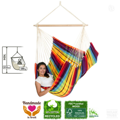 Brasil Rainbow: [1-2p] XL Hammock Chair [Recycled Cotton+FSC Wood] Handmade [Multicolor]-specs