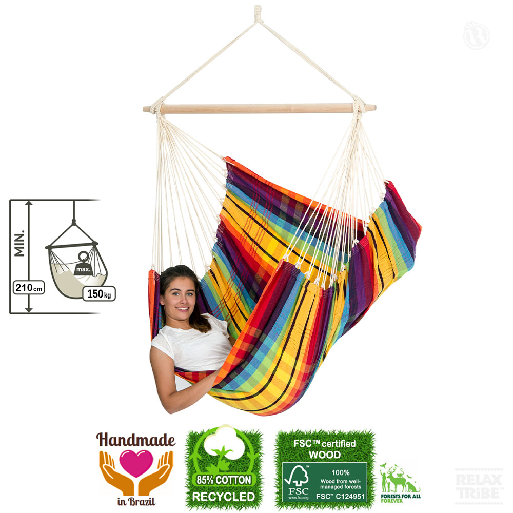 Brasil Rainbow: [1-2p] XL Hammock Chair [Recycled Cotton+FSC Wood] Handmade-specs