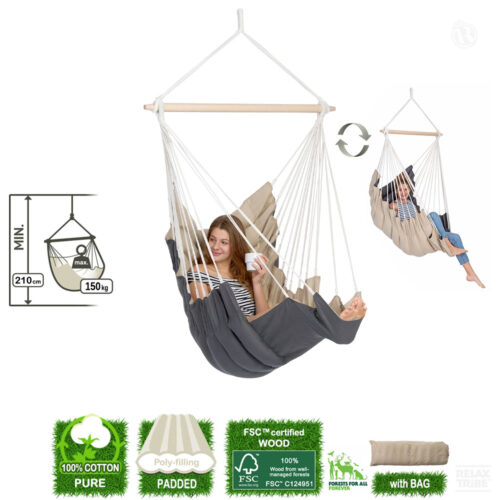 California Sand: [1p] Lounger Hanging Chair [100%Cotton+FSC Wood] padded [Sand+Grey]-specs
