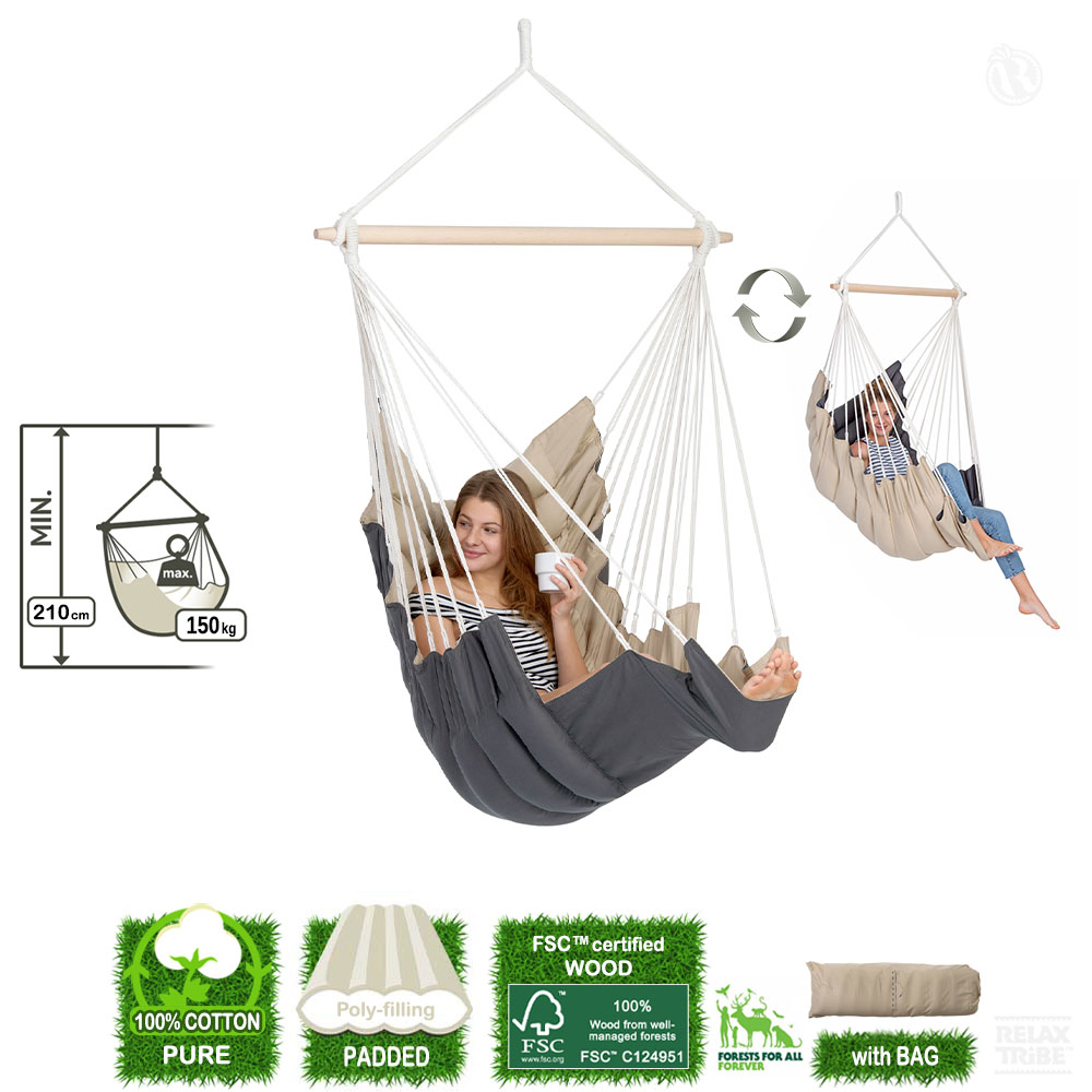California Sand: [1p] Lounger Hanging Chair [100%Cotton+FSC Wood] padded-specs