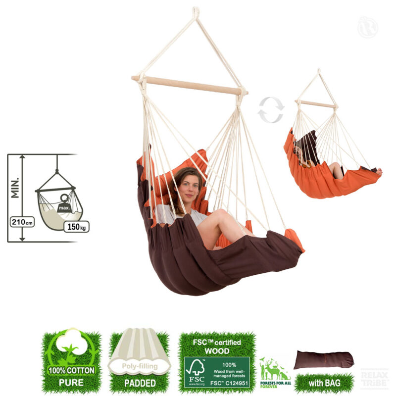 California Terracotta: [1p] Lounger Hanging Chair [100%Cotton+FSC Wood] padded [Orange+Brown]-specs