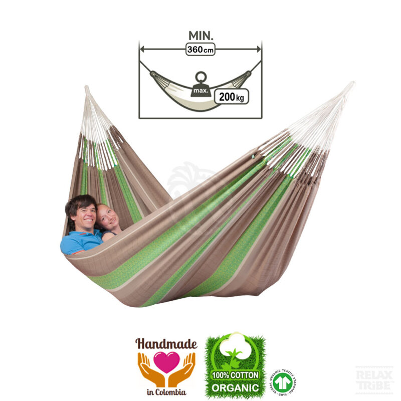 Ecomundy store Romance XL 380 - Double Hammock with Fringes - premium quality - green - Handcrafted - Sustainable - Organic Cotton - GOTS