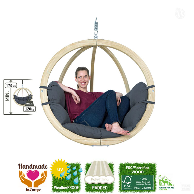 Globo Chair Anthracite: [1p] Home&Garden Hanging Chair [FSC Wood]+Cushion [Weatherproof] Dark Grey-specs