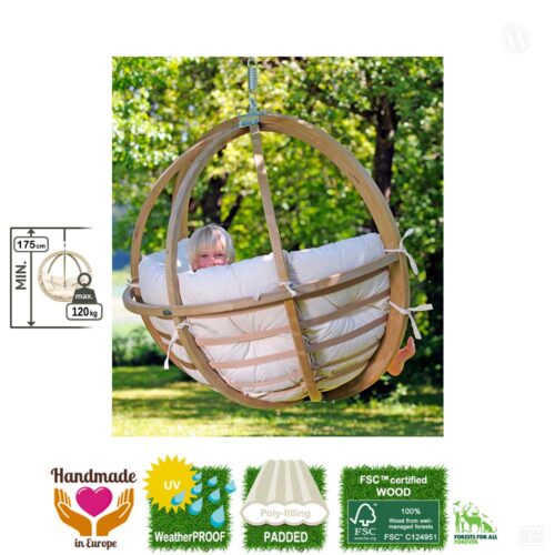 Globo Chair Natura: [1p] Home&Garden Hanging Chair [FSC Wood]+Cushion [Weatherproof] White/Cream-specs