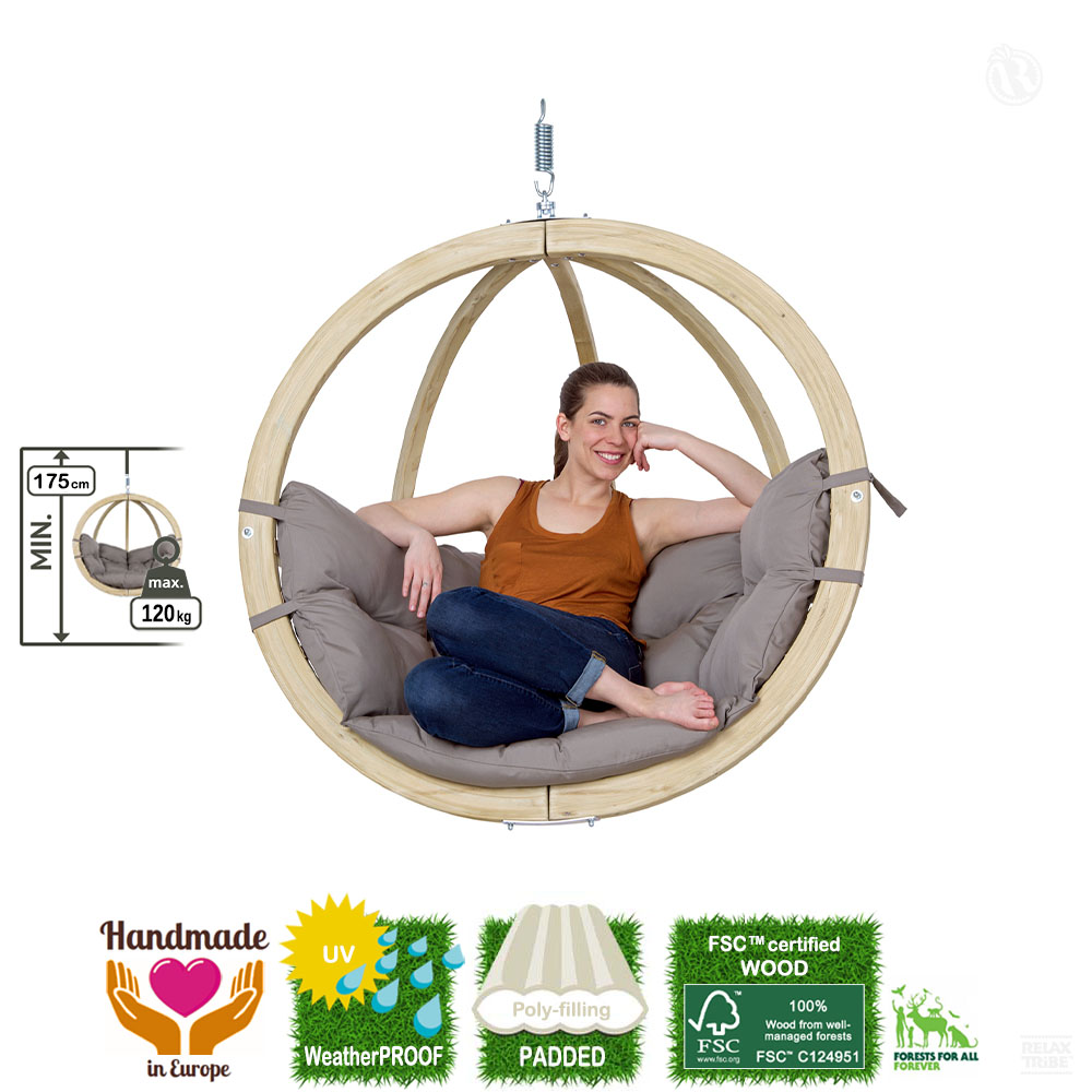 Globo Chair Taupe: [1p] Home&Garden Hanging Chair [FSC Wood]+Cushion [Weatherproof]-specs