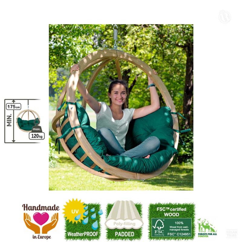 Globo Chair Verde: [1p] Home&Garden Hanging Chair [FSC Wood]+Cushion [Weatherproof] Green-specs