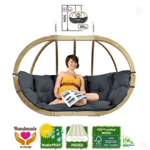 Globo Royal Chair Anthracite: [2/3p] Home&Garden XL Hanging Sofa [FSC Wood]+Cushion [Weatherproof] Dark Grey-specs