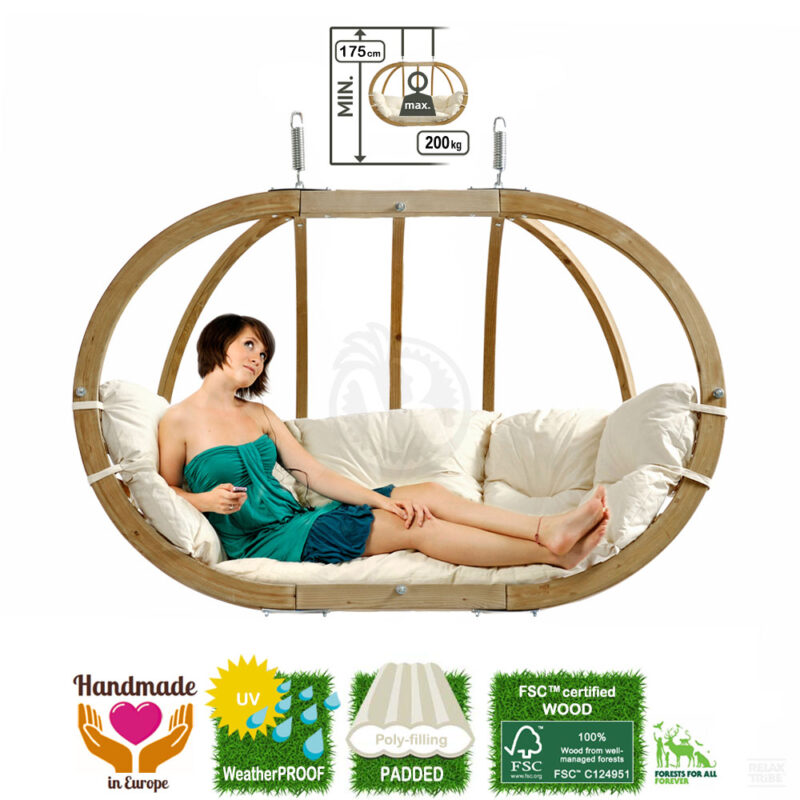 Globo Royal Chair Natura: [2/3p] Home&Garden XL Hanging Sofa [FSC Wood]+Cushion [Weatherproof] White/Cream-specs