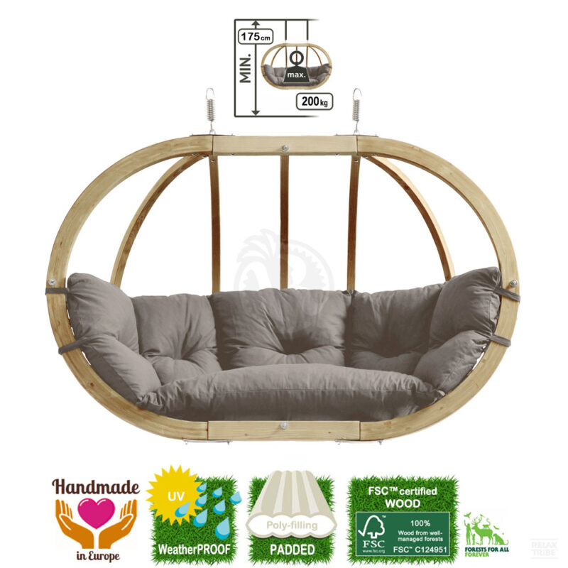 Globo Royal Chair Taupe: [2/3p] Home&Garden XL Hanging Sofa [FSC Wood]+Cushion [Weatherproof] Light Grey/Taupe-specs