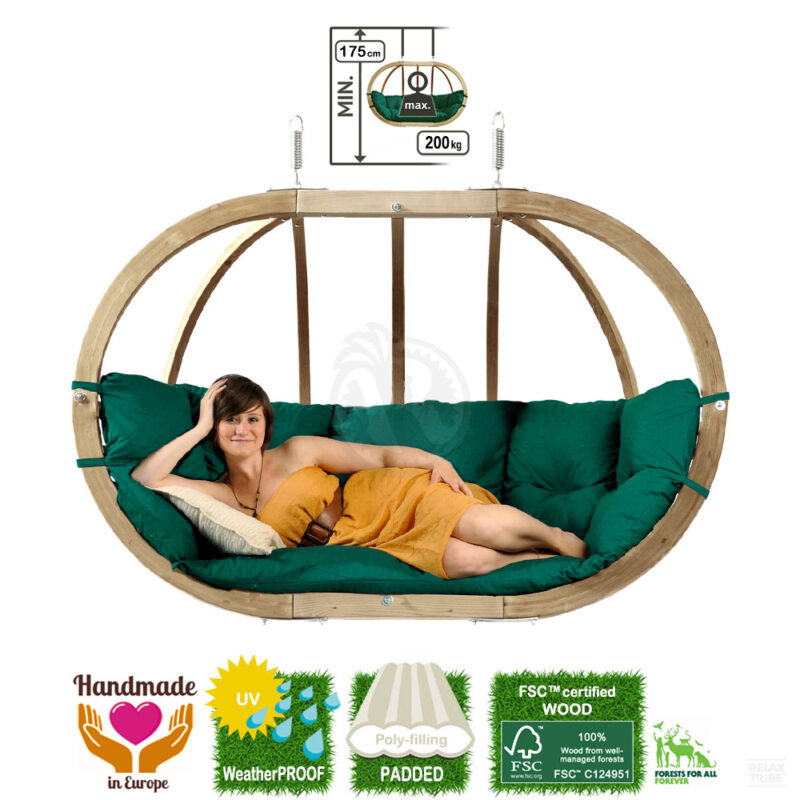 Globo Royal Chair Verde: [2/3p] Home&Garden XL Hanging Sofa [FSC Wood]+Cushion [Weatherproof] Green-specs