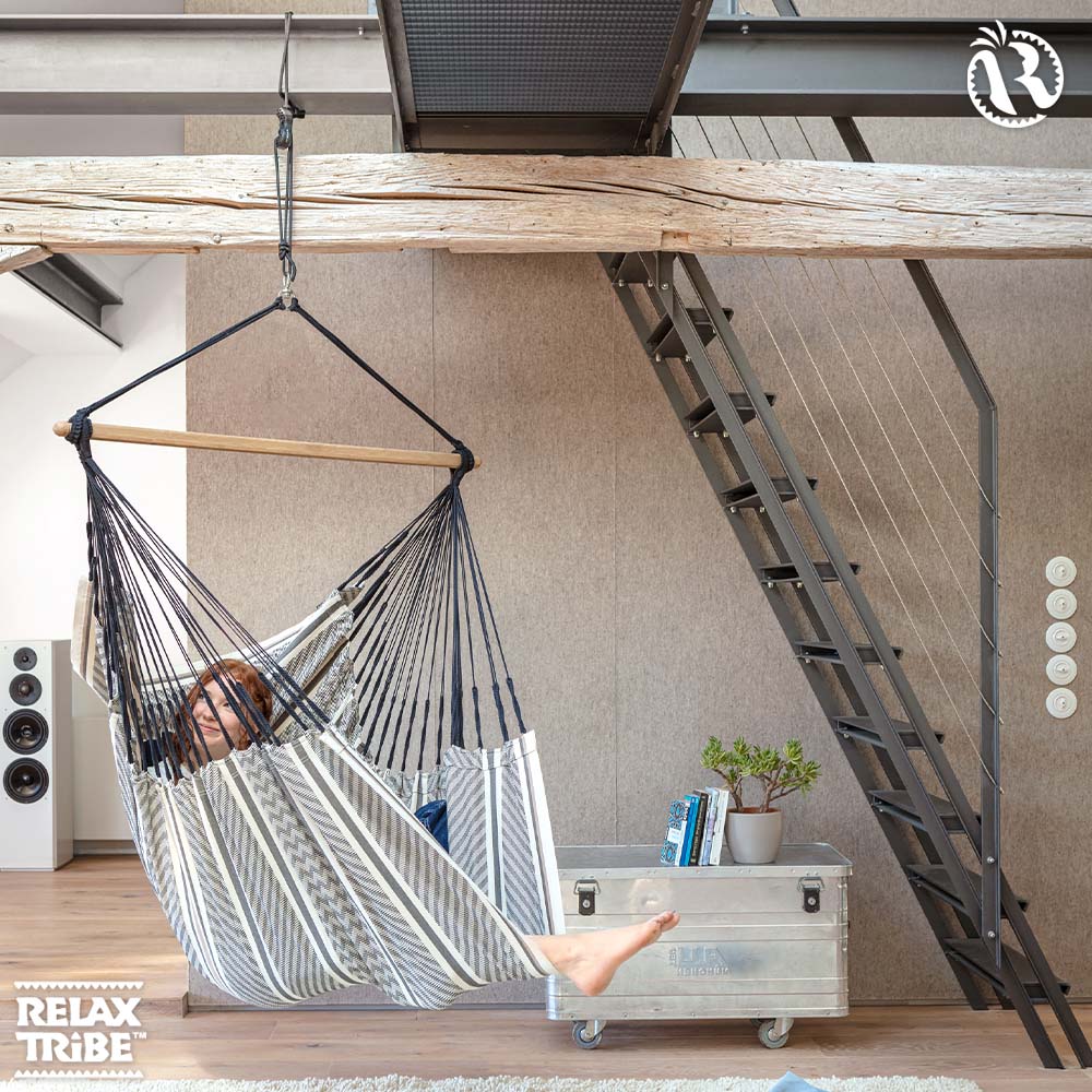 habana-zebra-eco-lounger-hammock-chair-pure-organic-cotton-fsc-wood-handmade-black-brown-tones-patterns-indoor-ceiling-beam