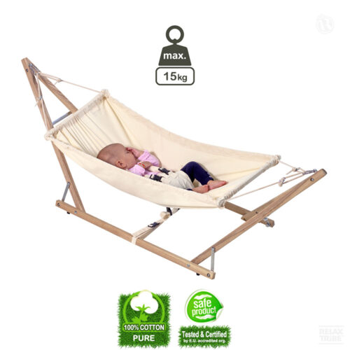 Koala: Set- Portable Baby Stand+Hammock Bed [Wood+100% Cotton] White/Ecru-specs