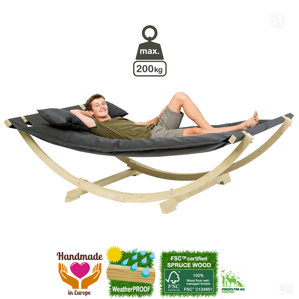 Lounge Bed Anthracite: [2p] XXL Weatherproof Sunbed [FSC Wood] with Floating Mattress+Pillow /Home&Garden-specs