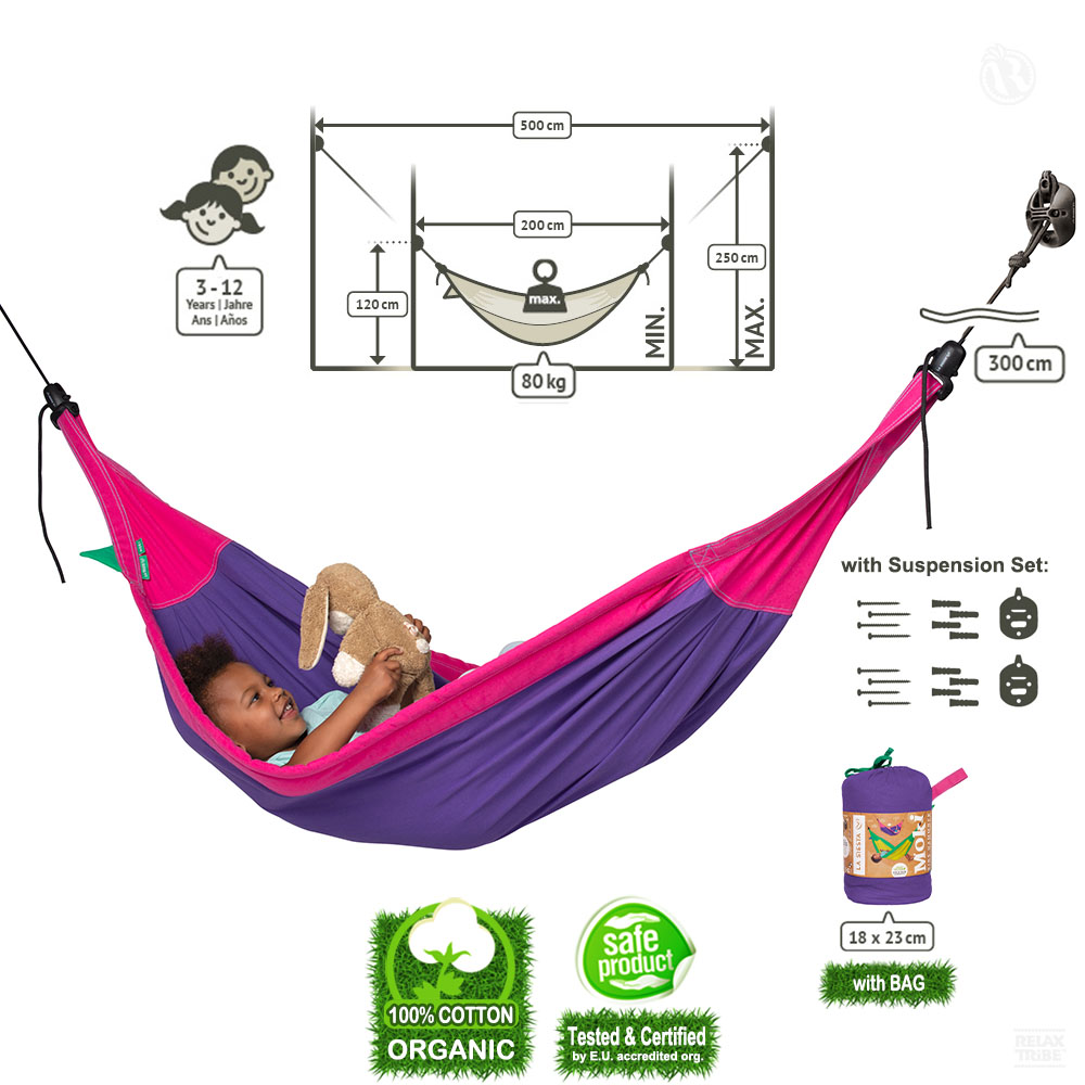 moki-lilly-kids-hammock-pure-organic-cotton-with-suspension-max-80kg-purple-pink-fuchsia-detail-spec