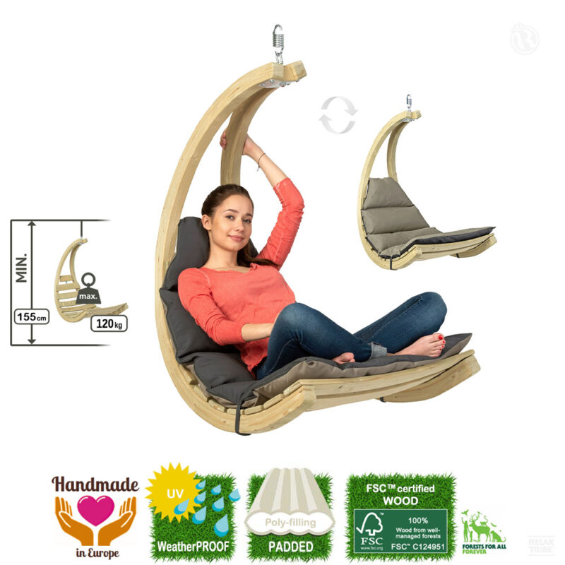 Swing Chair Anthracite: [1p] Weatherproof Hanging Chair [FSC Wood] with Mattress /Home&Garden [Taupe+Grey]-specs