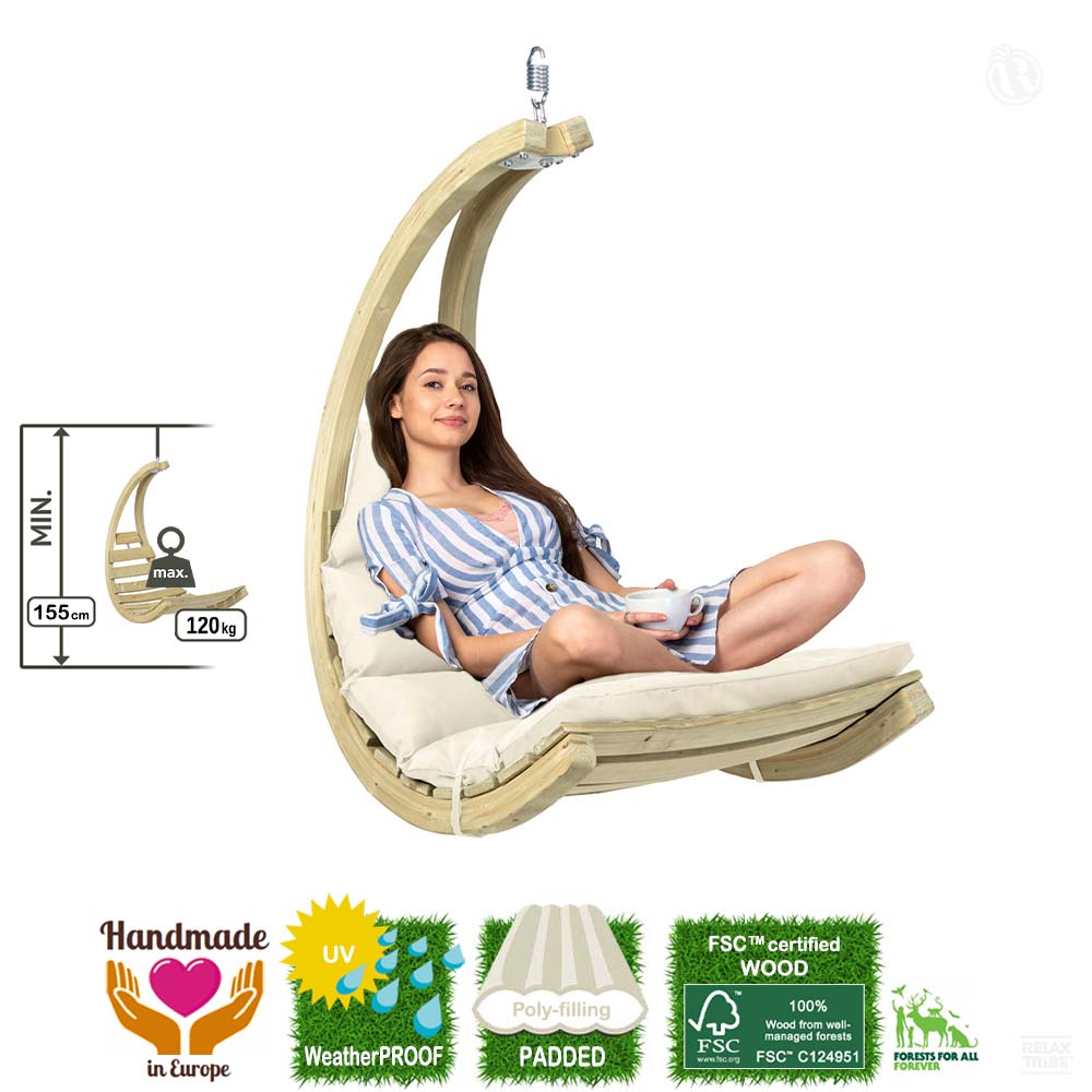 Swing Chair Creme: [1p] Weatherproof Hanging Chair [FSC Wood] with Mattress /Home&Garden-specs