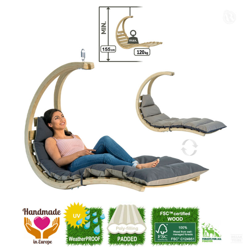Swing Lounger Anthracite: [1p] Weatherproof Hanging Recliner/Sunbed [FSC Wood] with Mattress /Home&Garden [Taupe+Grey]-specs